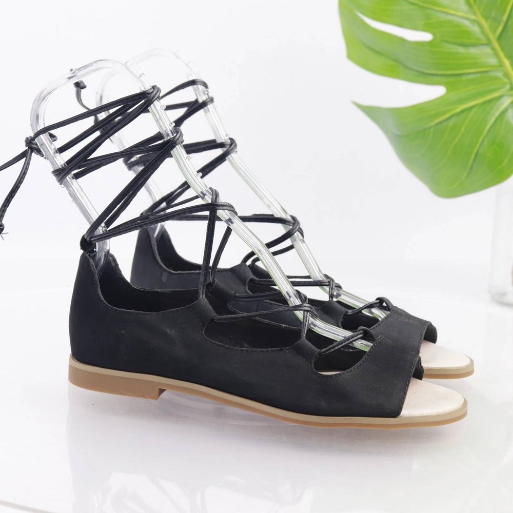 J.Jill Womens 9.5 Black Leather Ankle Wrap Lace Up Gladiator Flat Sandals